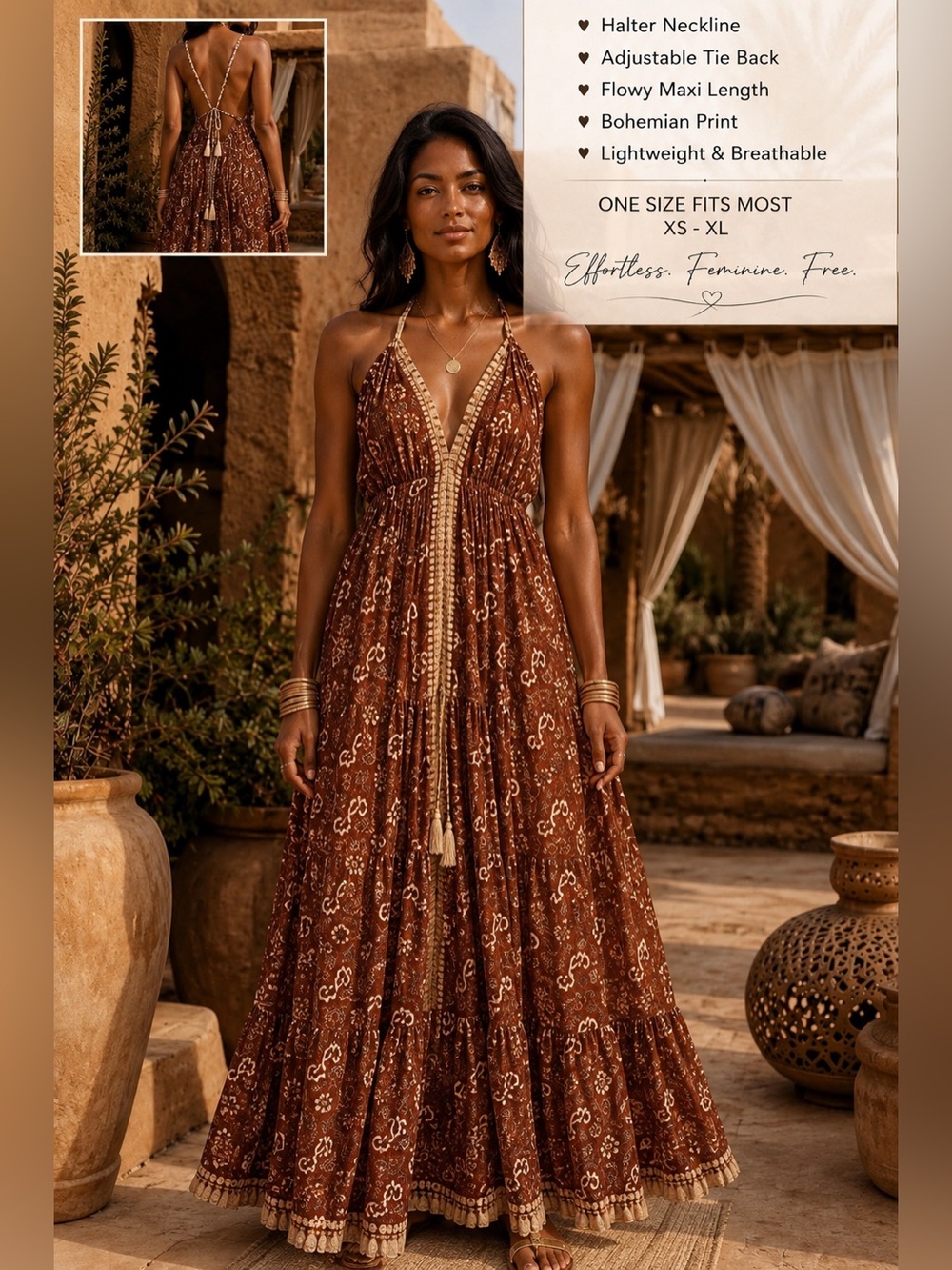 Boho Silk Blend Halter Maxi Dress One Size Rust Brown Bohemian Open Back NWT